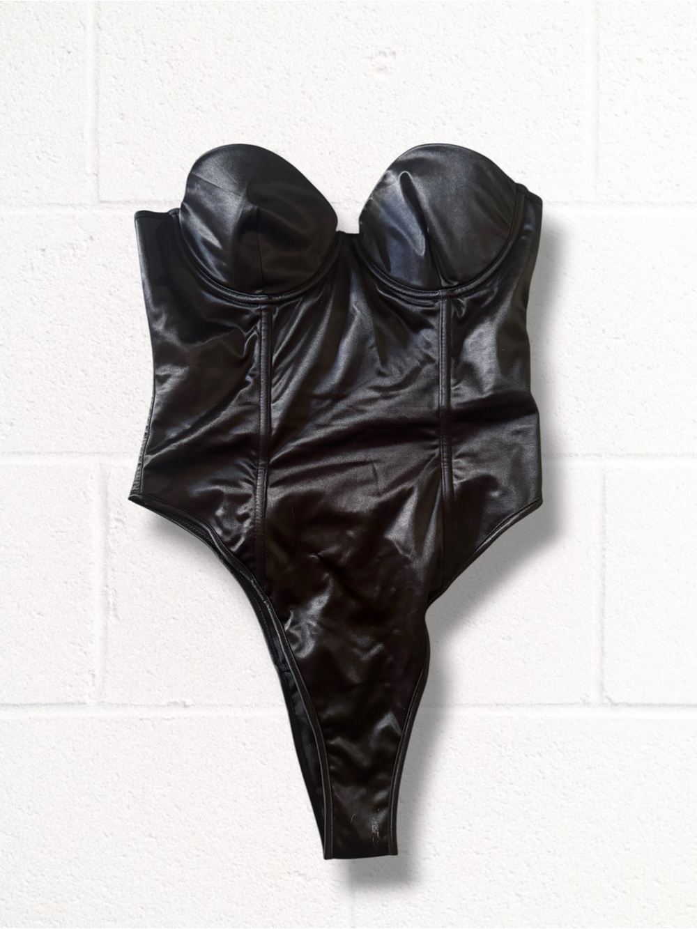 PLAYBOY Black Faux Leather Bustier Teddy Costume Intimates, Size Medium